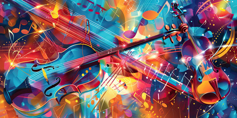 Sale Symphony: Abstract musical composition with notes and instruments representing various discounted items.