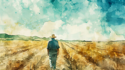Watercolor illustration of a farmer addressing water scarcity challenges in an arid agricultural field 