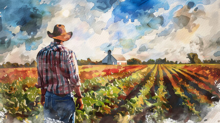 Watercolor illustration of a farmer adjusting to market fluctuations and unpredictable economic conditions 