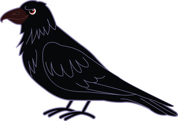 Cartoon raven illustration with modern flat design, stylized character and sleek profile side view for children's book cover or wildlife graphic animation symbolizing spooky halloween fantasy