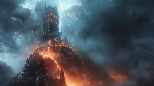 A wizard's tower on a cliff, with lightning striking and magical energy radiating from the windows.