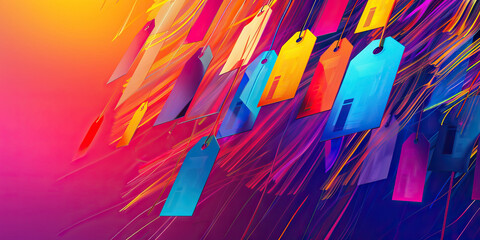 Price Drop Cascade: Abstract cascade of descending price tags and promotional offers in a flowing design