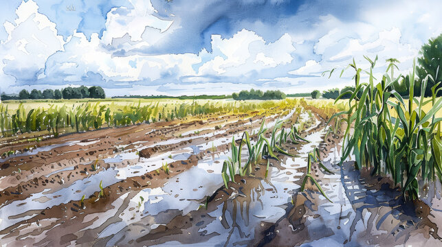 Watercolor illustration of a flooded field demolishing young crops and affecting agricultural productivity 