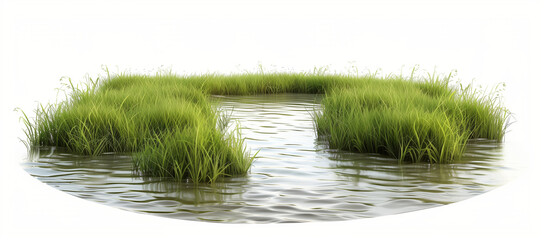 3d render of simple grassy marshland with water in the middle, white background, isolated ultra realistic, real photography