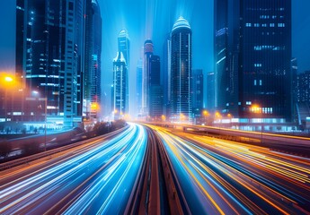 High speed car light trails in modern city at blue hour, motion blur on highway with skyscrapers background