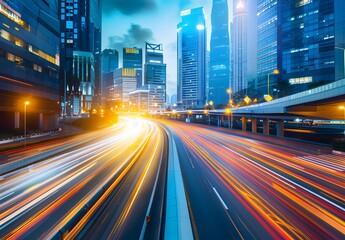 Fototapeta premium High speed car light trails in modern city at blue hour, motion blur on highway with skyscrapers background
