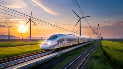 Naklejka premium A high-speed train gliding past a field of wind turbines, symbolizing the synergy between sustainable energy and modern transportation