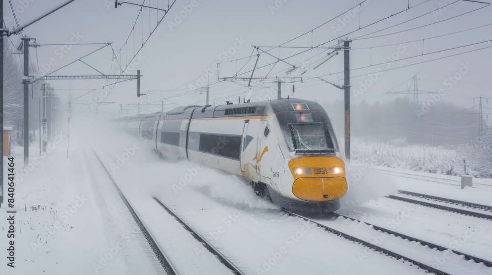 Poster A high-speed train in the snow, with tracks being cleared, demonstrating the reliability of modern rail systems in various weather conditions