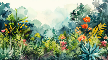 Watercolor illustration of an invasive species overtaking native plants and disrupting local ecosystems 