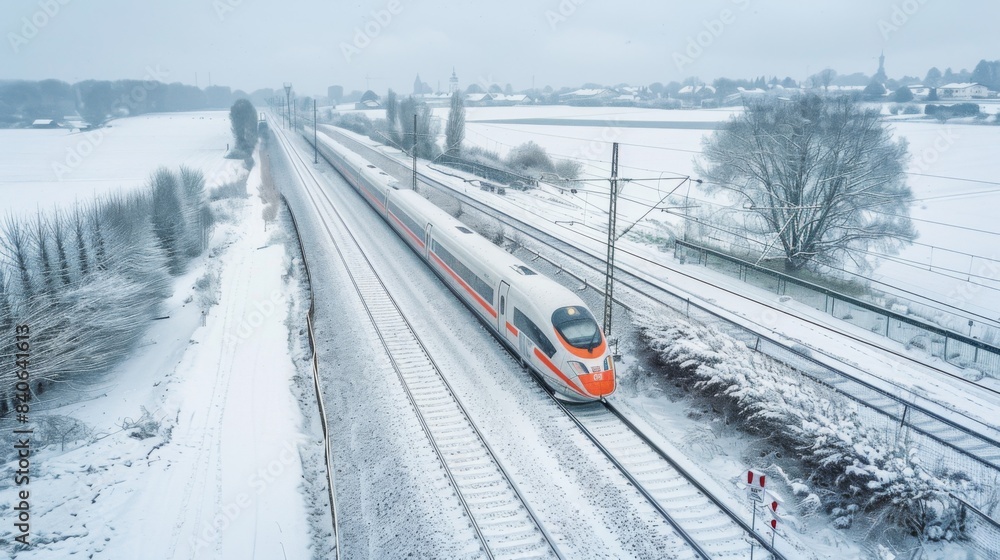 Poster A high-speed train in the snow, with tracks being cleared, demonstrating the reliability of modern rail systems in various weather conditions