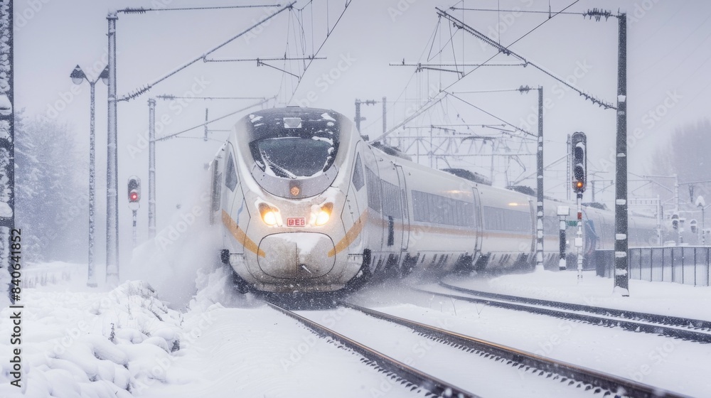 Poster A high-speed train in the snow, with tracks being cleared, demonstrating the reliability of modern rail systems in various weather conditions