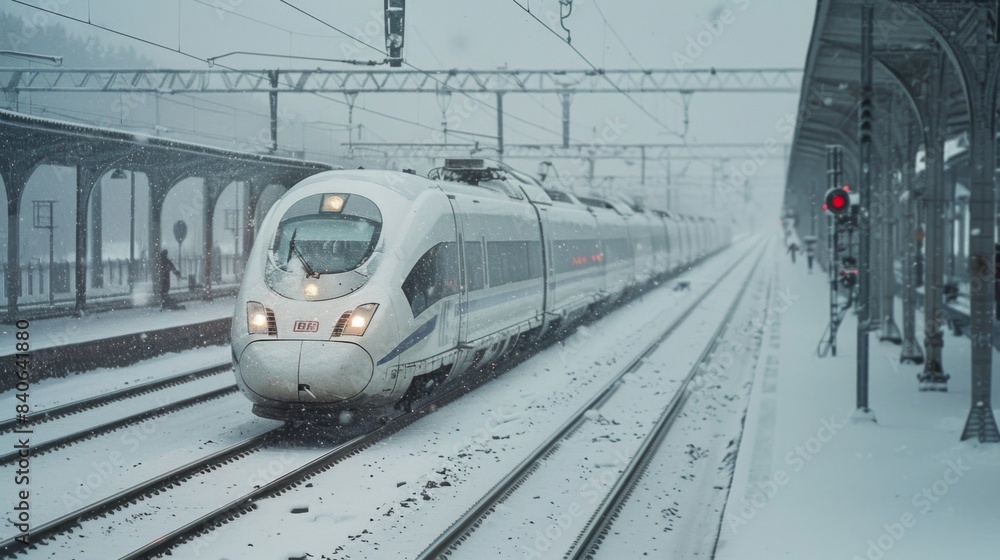 Aufkleber a high-speed train in the snow, with tracks being cleared, demonstrating the reliability of modern r