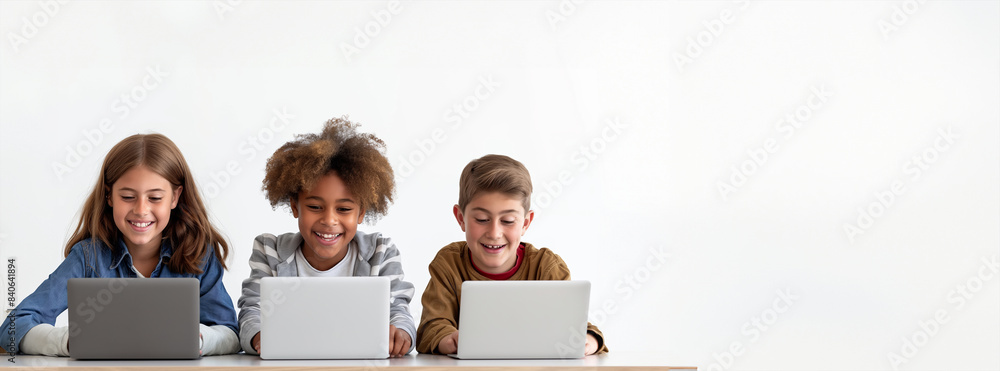 Poster three young girls are sitting at a table with laptops in front of them. they are smiling and seem to