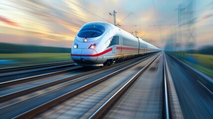 Fototapeta premium A high-speed train moving at full speed with motion blur, conveying the sense of rapid movement and efficiency
