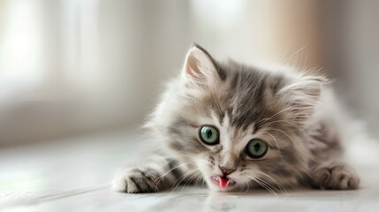 The irresistible cuteness of a fluffy grey kitten with stunning big green eyes, lying on a pristine white table and licking its lips in a playful manner, inviting laughter and engagement