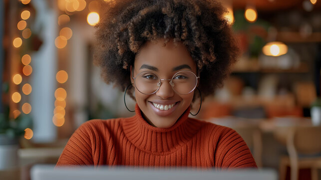 A woman with curly hair and glasses is smiling at the camera. She is wearing an orange sweater. female entrepreneur extremely happy because she starts making money in her online store