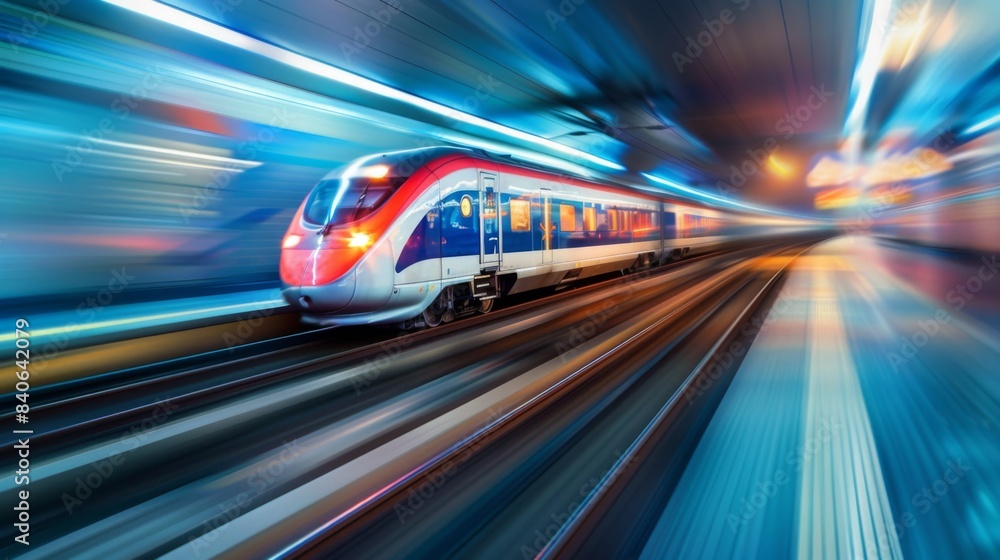 Poster a high-speed train moving at full speed with motion blur, conveying the sense of rapid movement and 
