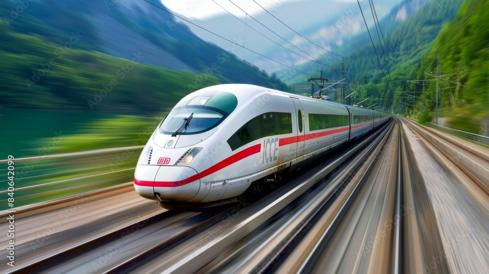 Poster a high-speed train moving at full speed with motion blur, conveying the sense of rapid movement and 