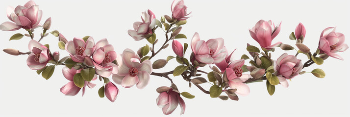 Hand painted pink magnolia flowers, with branches and leaves on the side of the white background, with ultra high definition and ultra details in a high resolution 3D rendered style in the style of wa