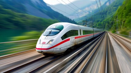 Fototapeta premium A high-speed train moving at full speed with motion blur, conveying the sense of rapid movement and efficiency