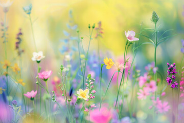 Fototapeta premium Beautiful idyllic flower meadow with different blooming flowers and grass close up