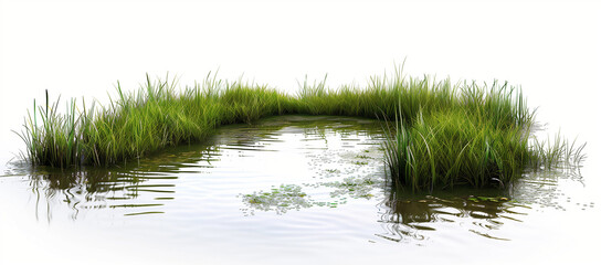 3d Realistic swamp grass on water. isolated white background, detailed illustrations, creative commons attribution, magewave, simplified color style. Isolated in the center of an island with marshes, 
