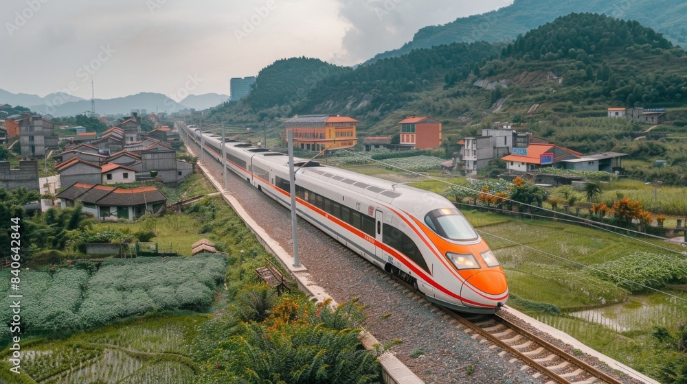 Aufkleber a high-speed train passing through a rural village, showing the connection between remote areas and 