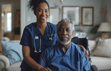 Obraz premium Nurse in blue scrubs assists elderly man walking; man's right leg over her shoulder; wheelchair nearby