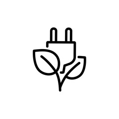 Power plug with leaves icon. Green industry and sustainability concept. Editable stroke. Isolated vector illustration