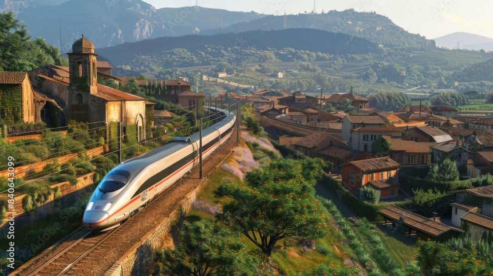 Poster A high-speed train passing through a rural village, showing the connection between remote areas and urban centers