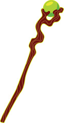 Graphic image of a stylized brown wand with a glowing green orb at the tip