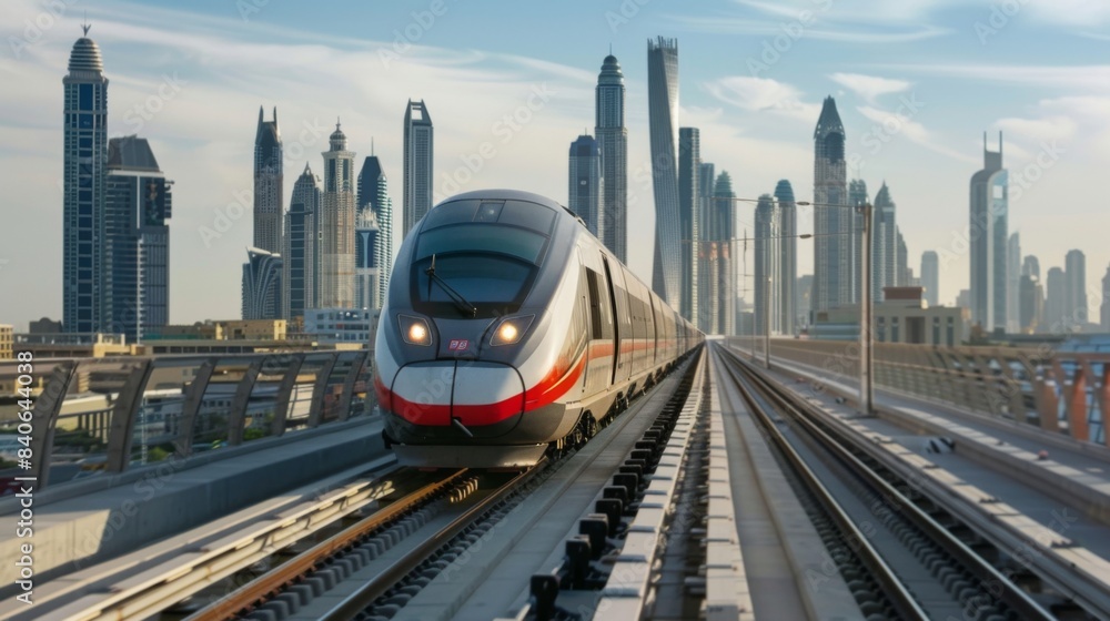 Poster A high-speed train with a city skyline in the background, showcasing the integration of modern rail systems into urban environments