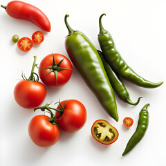 Fototapeta premium Front view fresh spicy peppers with red tomatoes fresh produce healthy vegetables on white background 