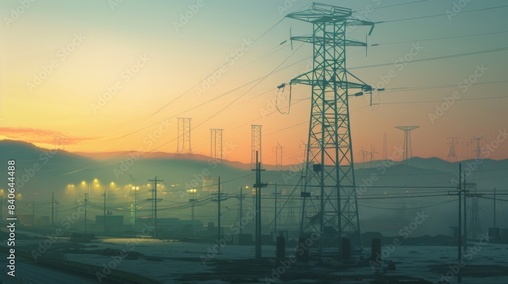 Poster a high-voltage transmission tower in the background with smaller electricity poles in the foreground