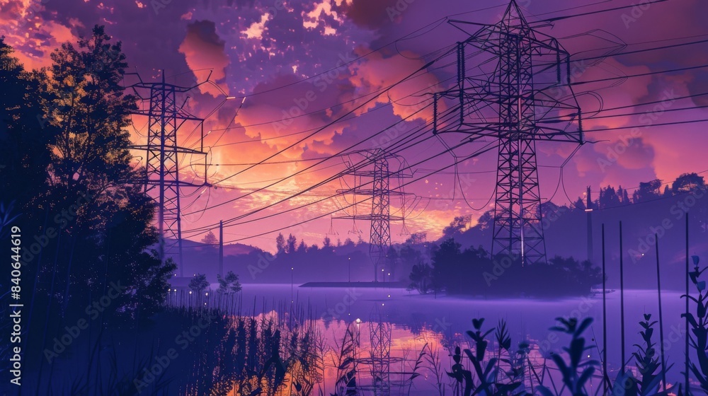 Poster A high-voltage transmission tower in the background with smaller electricity poles in the foreground, showing different scales of electrical distribution