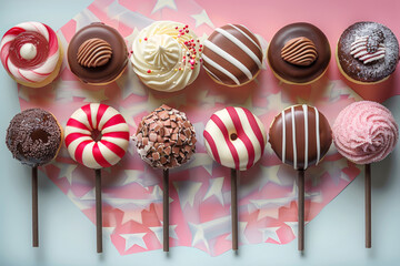 Assorted cake pops and cupcakes with various toppings and designs on a patriotic-themed background, perfect for festive celebrations. - Powered by Adobe