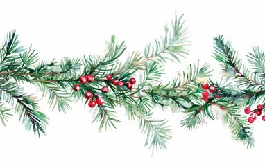 A delicate watercolor illustration of a Christmas garland made of lush fir branches and vibrant red berries