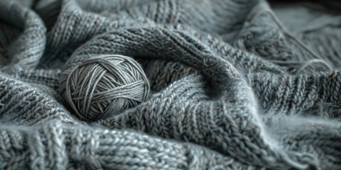 Skein of gray yarn lying on a gray knitted plaid