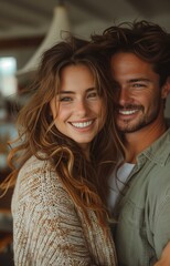 Fototapeta premium joyful couple dances in a modern house, with the man holding the woman's hand as she jumps and laughs