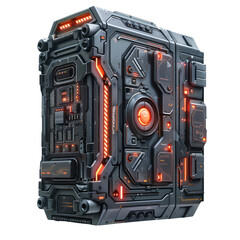 Fototapeta premium Futuristic sci-fi tech device with intricate details, glowing red lights, and a sleek cyberpunk design suitable for technology themes.