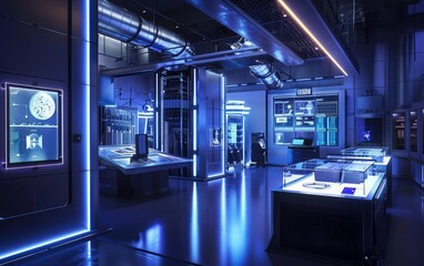 Fototapeta premium A futuristic exhibition space with illuminated titanium borders, highlighting stateoftheart scientific equipment against a hightech laboratory backdrop
