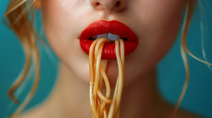 A striking close-up of a woman's mouth with vibrant red lipstick, sensually biting into spaghetti. The image highlights the contrast between the bold red lips. © Pattarawooth