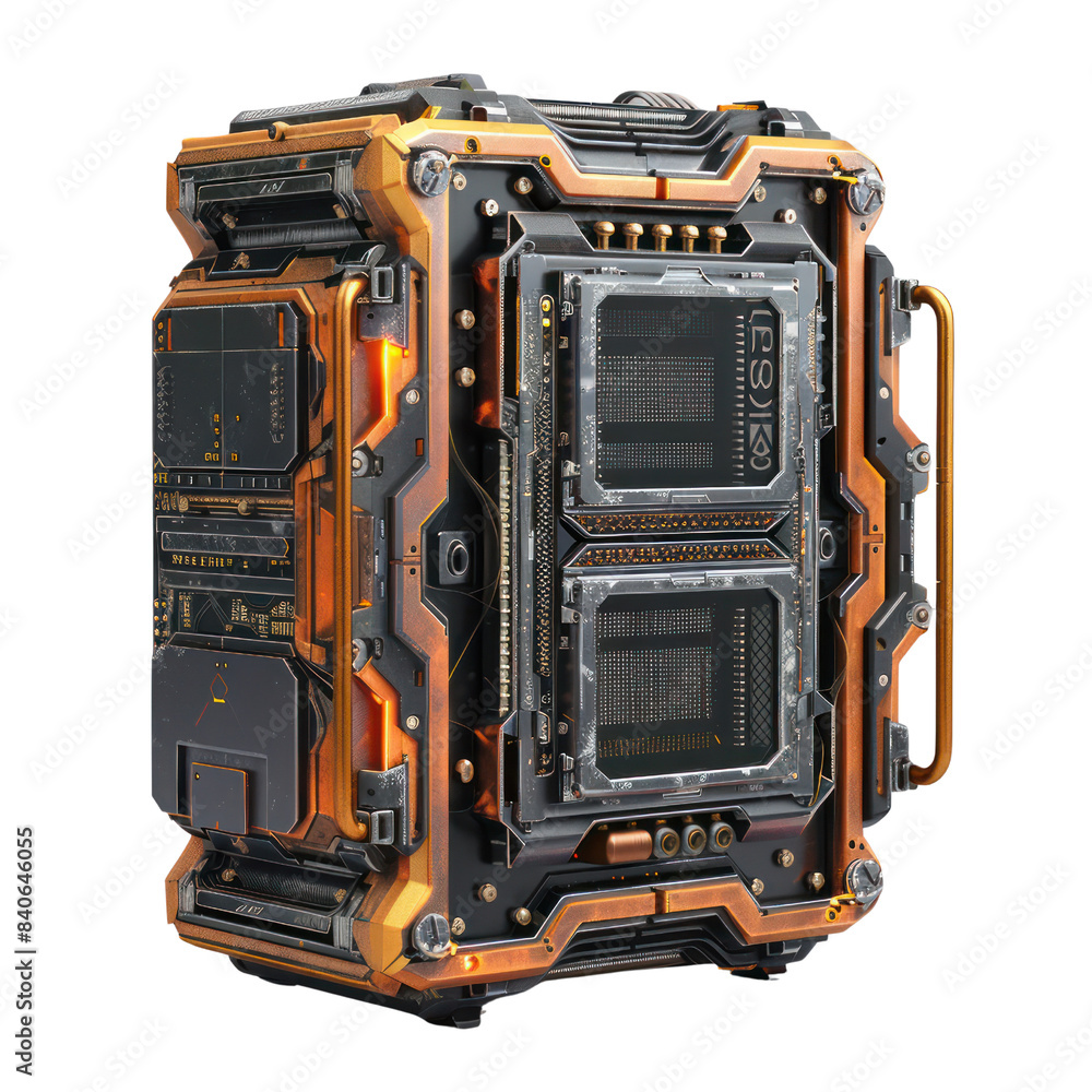 Poster detailed futuristic cyberpunk storage device, showcasing intricate mechanical components with an ind