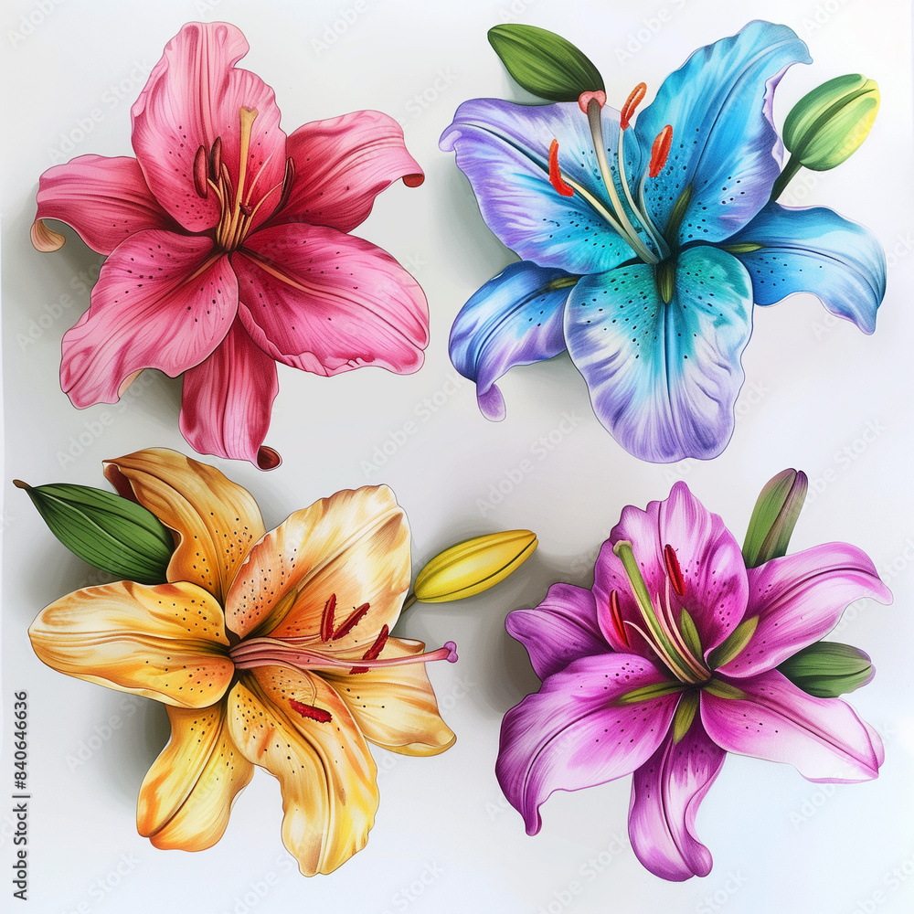 Poster 4 lily flowers in different colors, each with their own unique color and shape, on a white backgroun