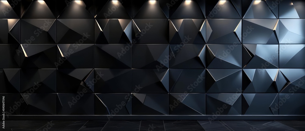 Poster a sleek, hightech wall with a 3d triangular tile pattern on a dark background, evoking a sense of fu