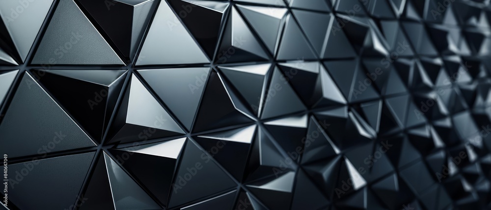 Poster a sleek, hightech wall with a 3d triangular tile pattern on a dark background, evoking a sense of fu