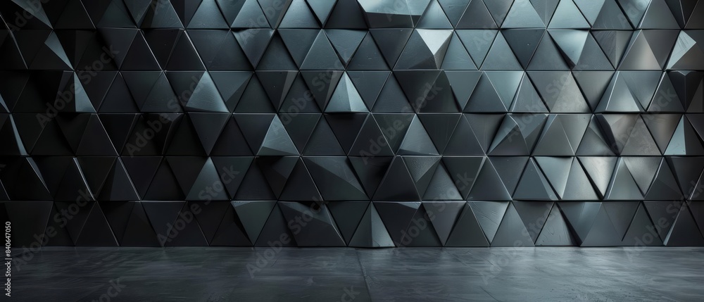 Poster a sleek, hightech wall with a 3d triangular tile pattern on a dark background, evoking a sense of fu