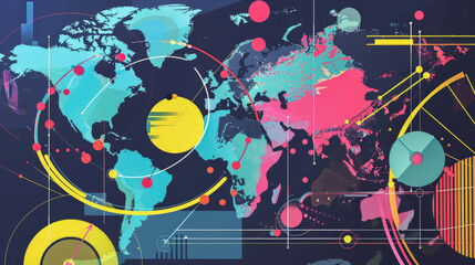 A vibrant and abstract infographic of the world map, illustrating various global connections and data points in a modern art style.