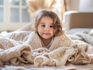 Fototapeta premium Cute child on the bed and covered with a blanket in the bedroom