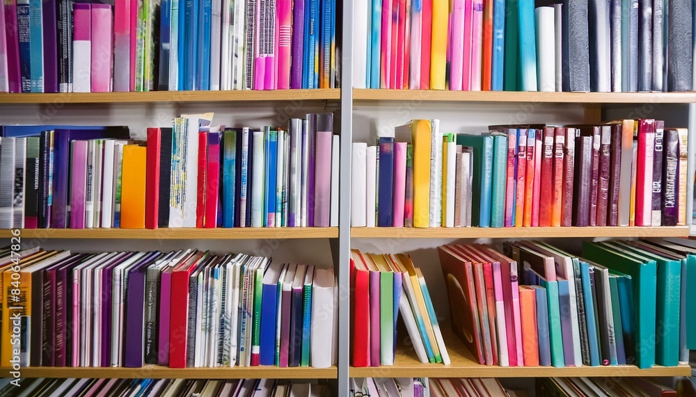 Poster an organized array of colorful book spines fill the shelves in a library setting, presenting a varie
